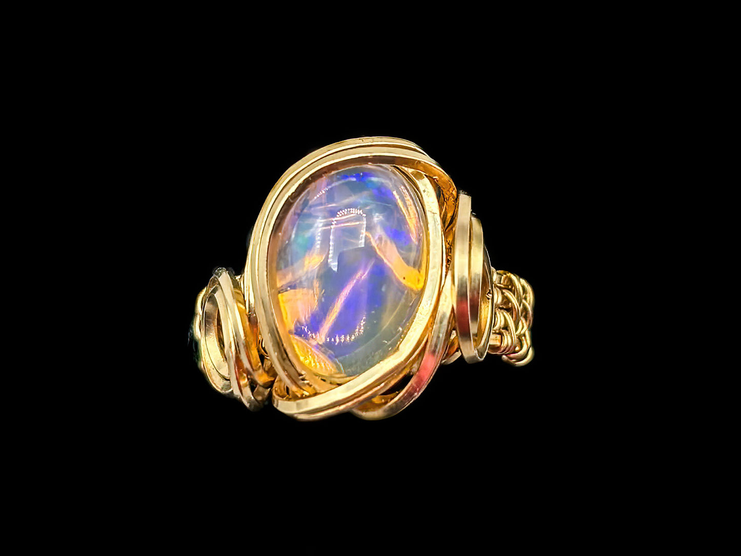 Gorgeous Clear Opal with Multi Color Flash wrapped in 14K gold filled wire, Size 6