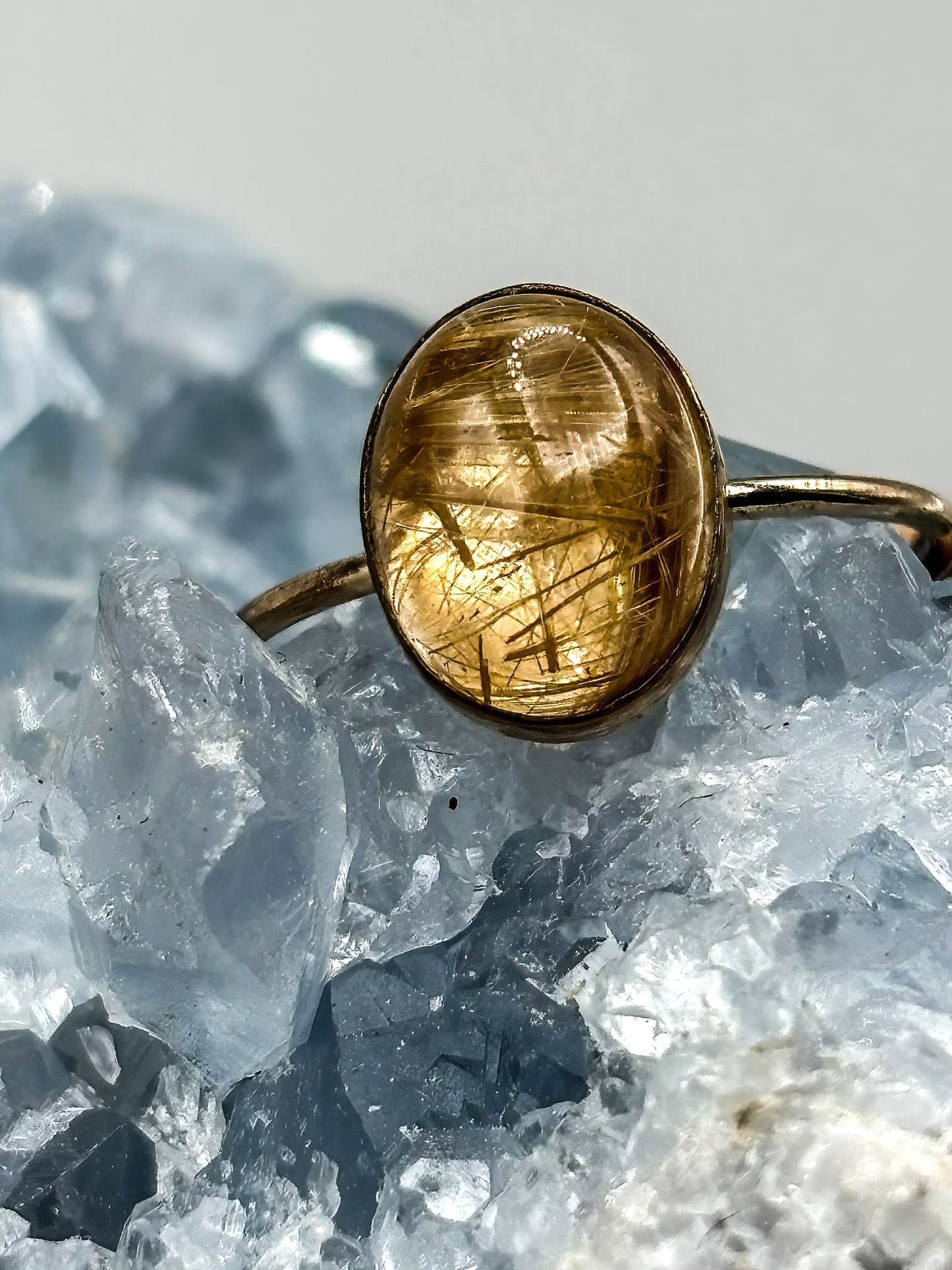 14K gold filled ring set with Rutilated Quartz Cabochon, Size 6