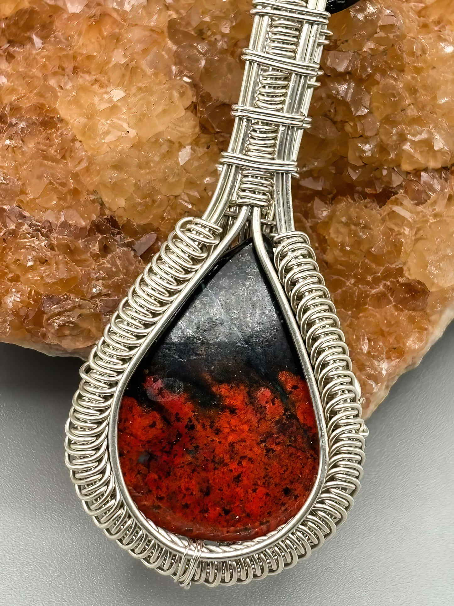 Red Plume Agate in Heavy Sterling Silver Pendant