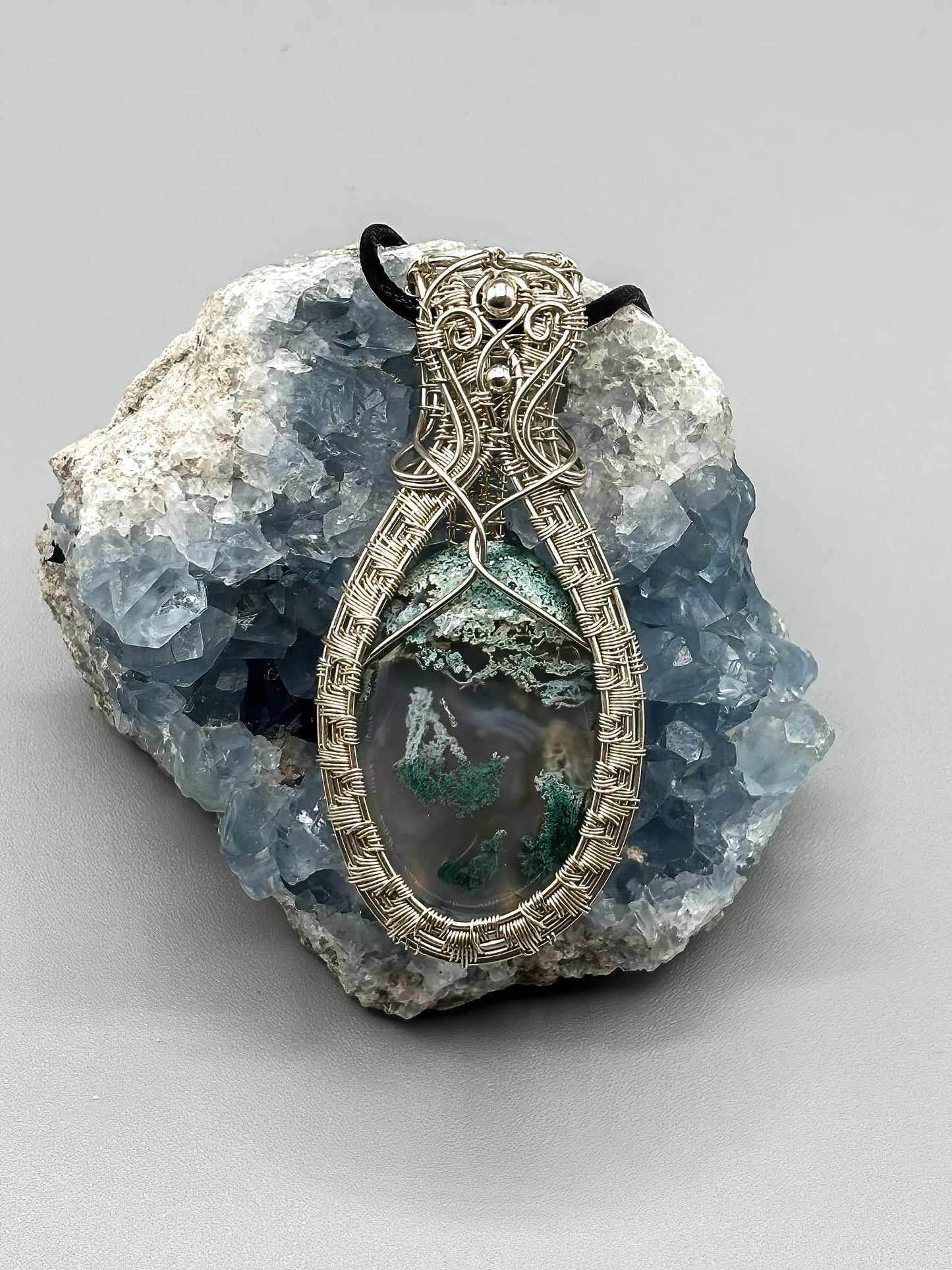 Large Moss Agate in Intricate Sterling Silver Wrap