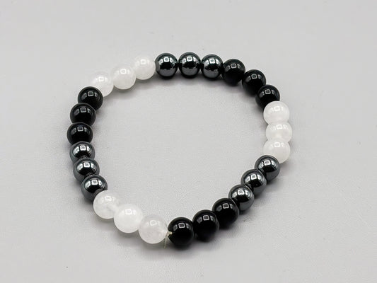 Triple Stone Protection Bracelet with Quartz, Hematite and Black Obsidian, size 7 3/4