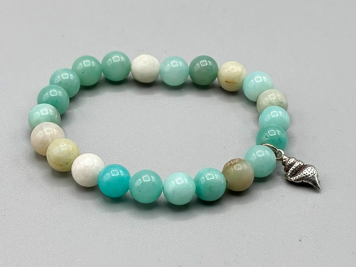 Amazonite Beaded Bracelet with Sterling Silver Shell Charm, 7 inch
