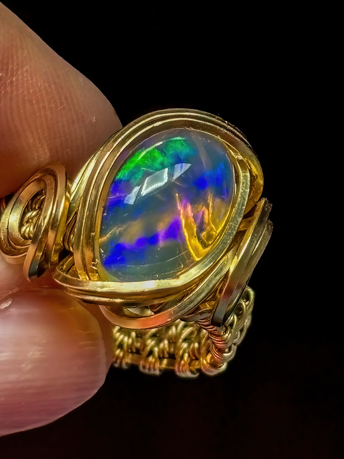 Gorgeous Clear Opal with Multi Color Flash wrapped in 14K gold filled wire, Size 6