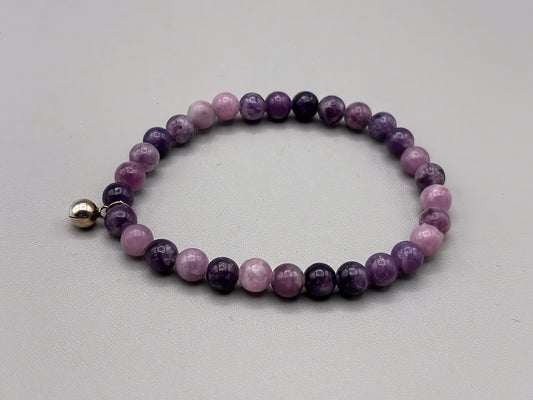 6mm Lepidolite Beaded Bracelet with Sterling silver chime charm, size 7 1/2 inch
