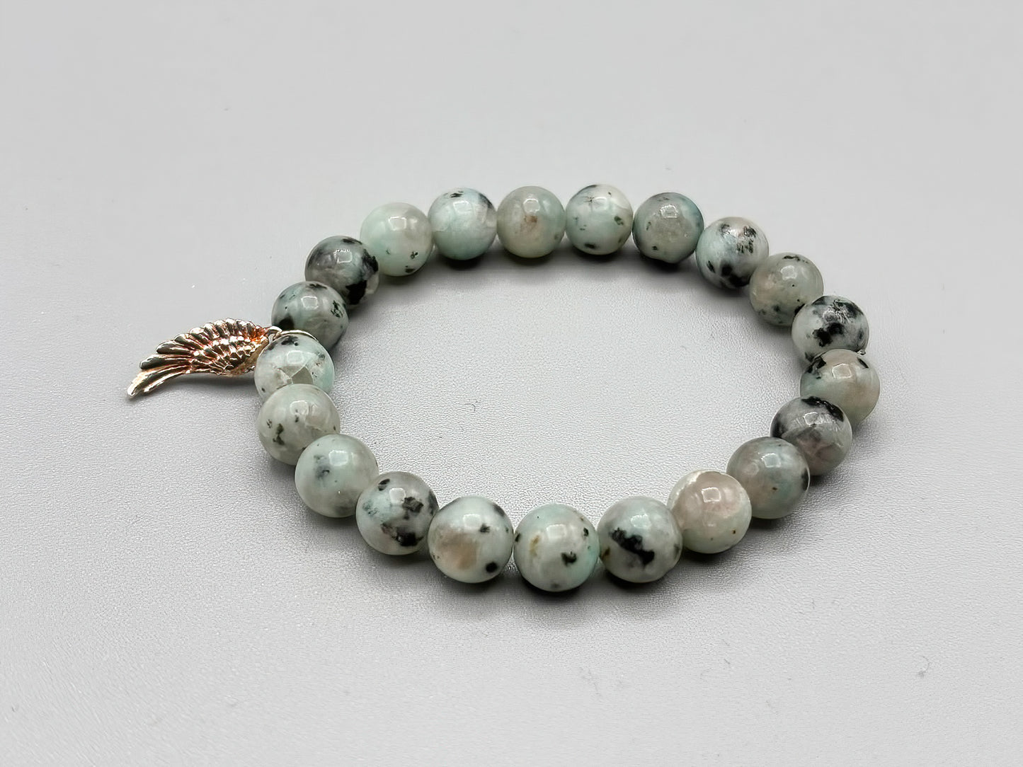 8mm Moonstone Tourmaline Beaded Bracelet with Sterling Silver Wing Charm, 7 inch