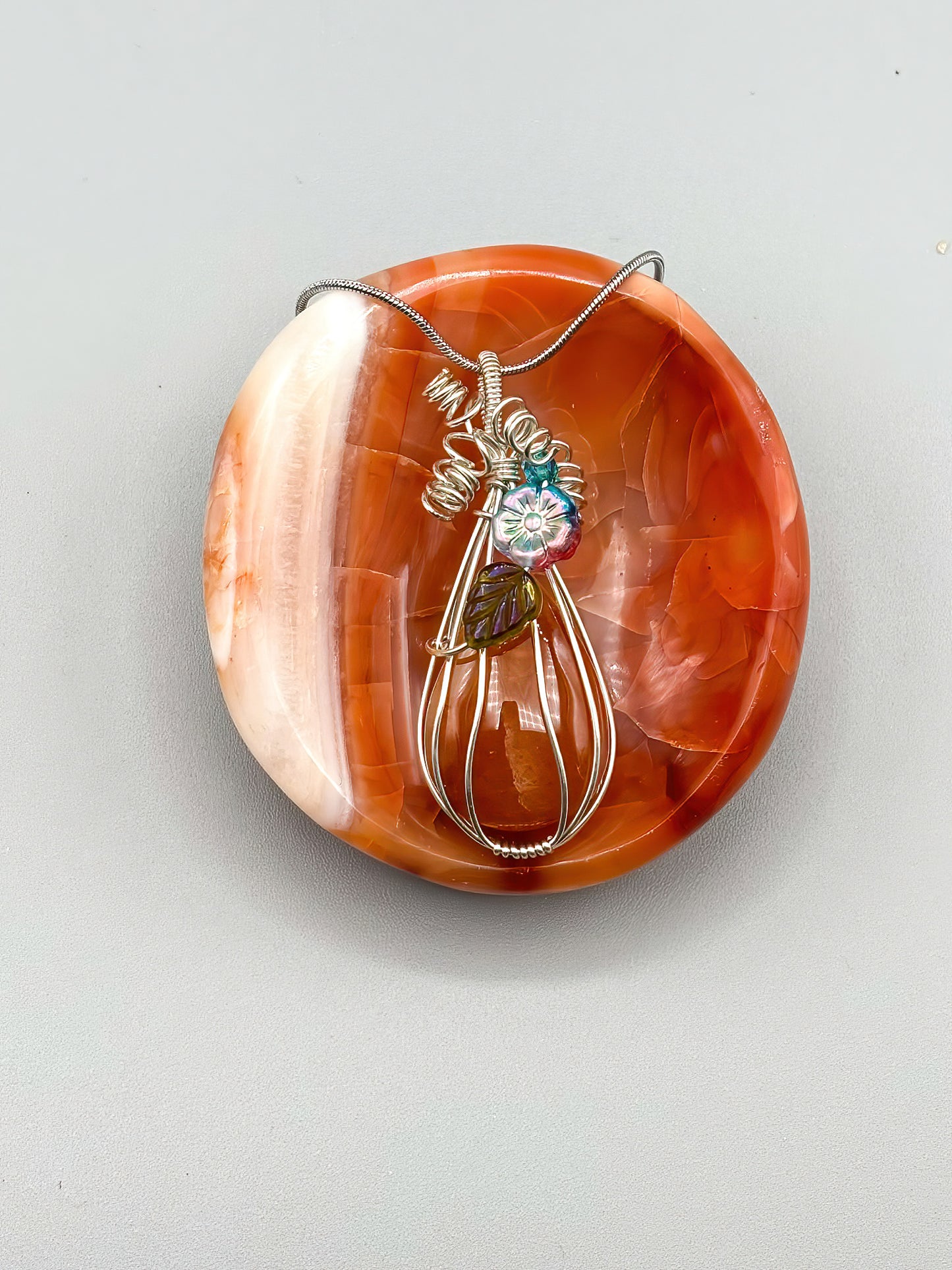 Carnelian Pumpkin wrapped in Sterling Silver with Czech Glass Accents, Stainless Steel Chain included!