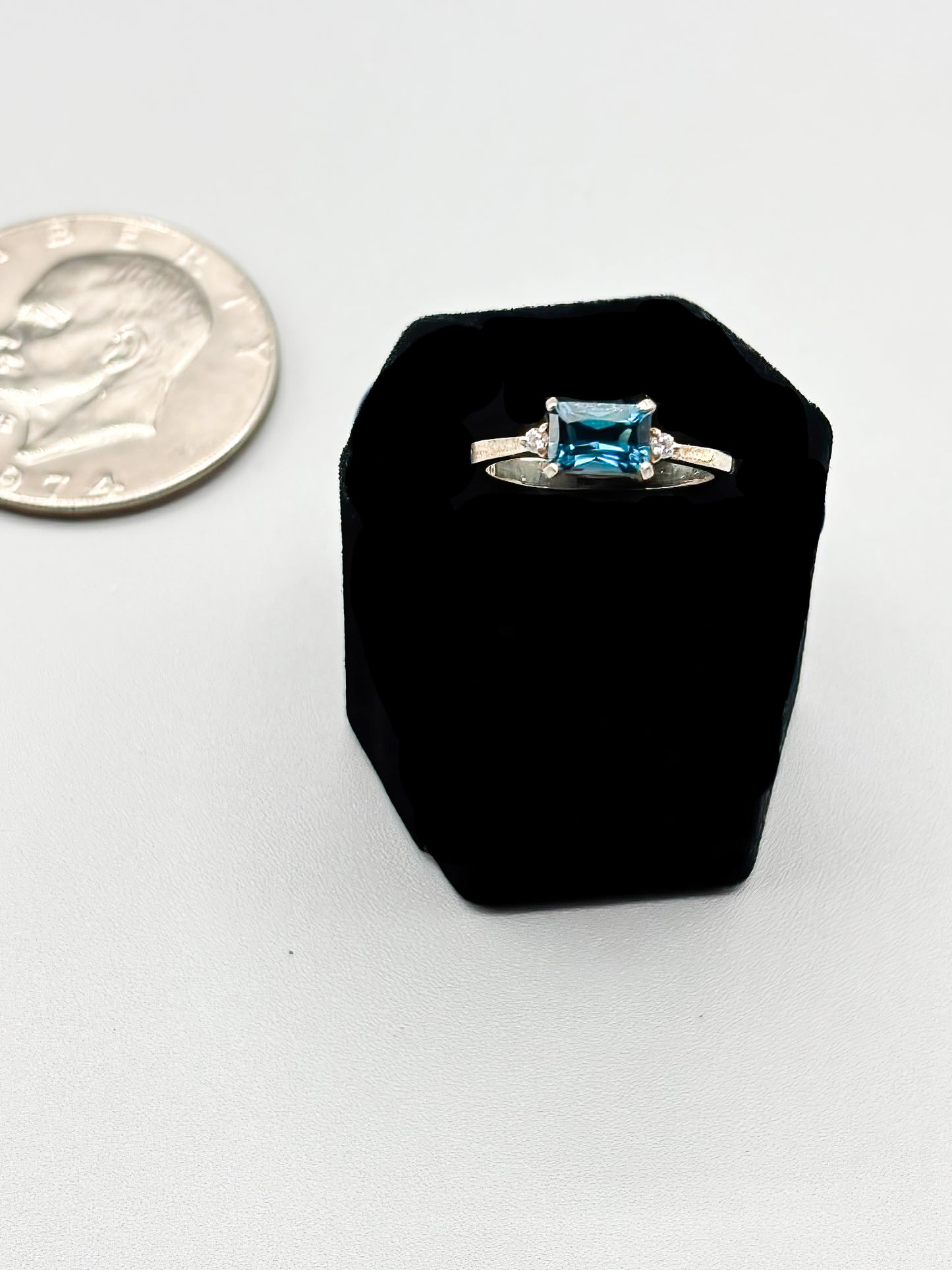 Rectangle London Blue Topaz and small CZ set in Sterling Silver, Size 6.5