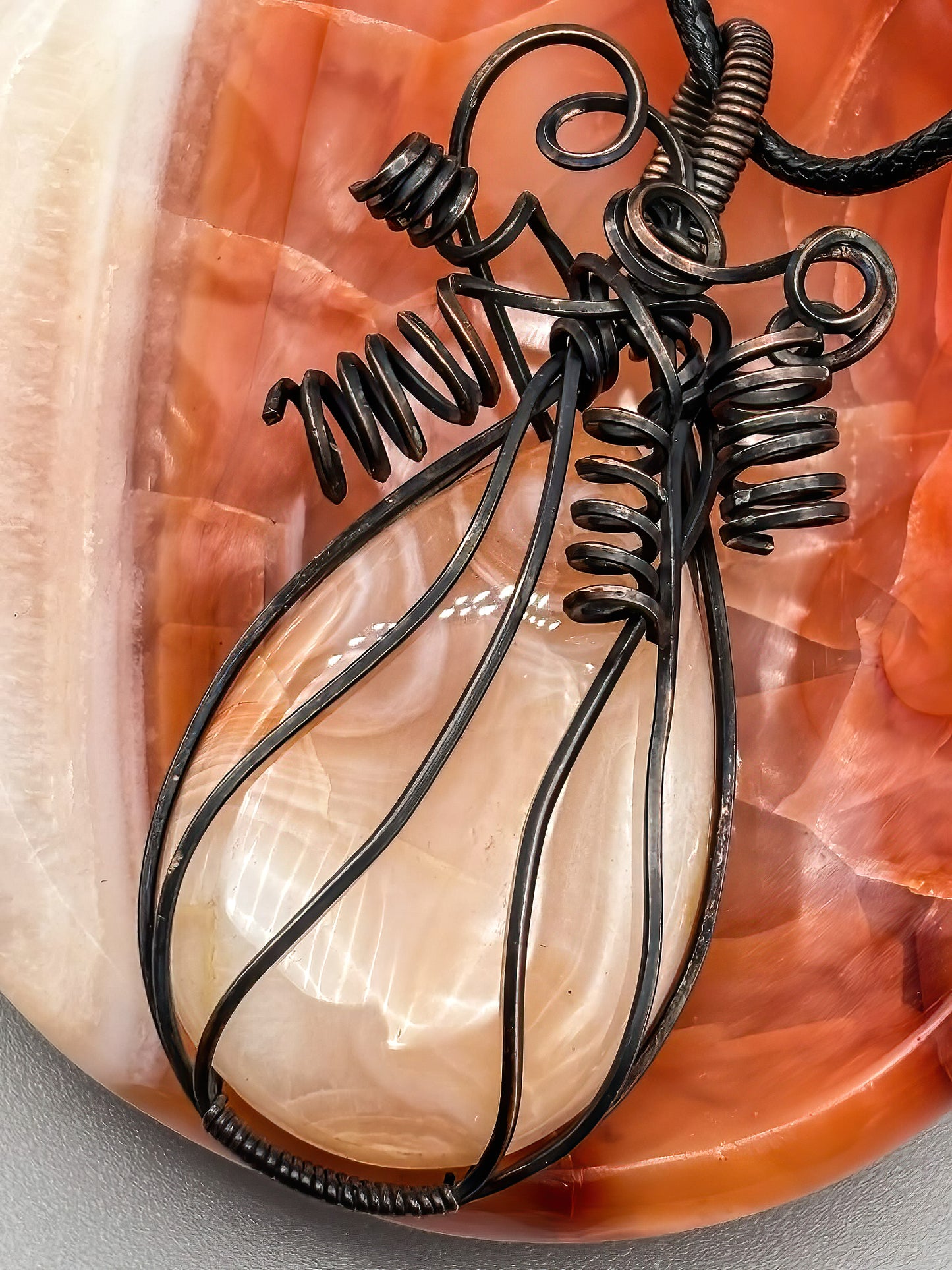 Carnelian Pumpkin Wrapped in Oxidized Fine Copper Wire