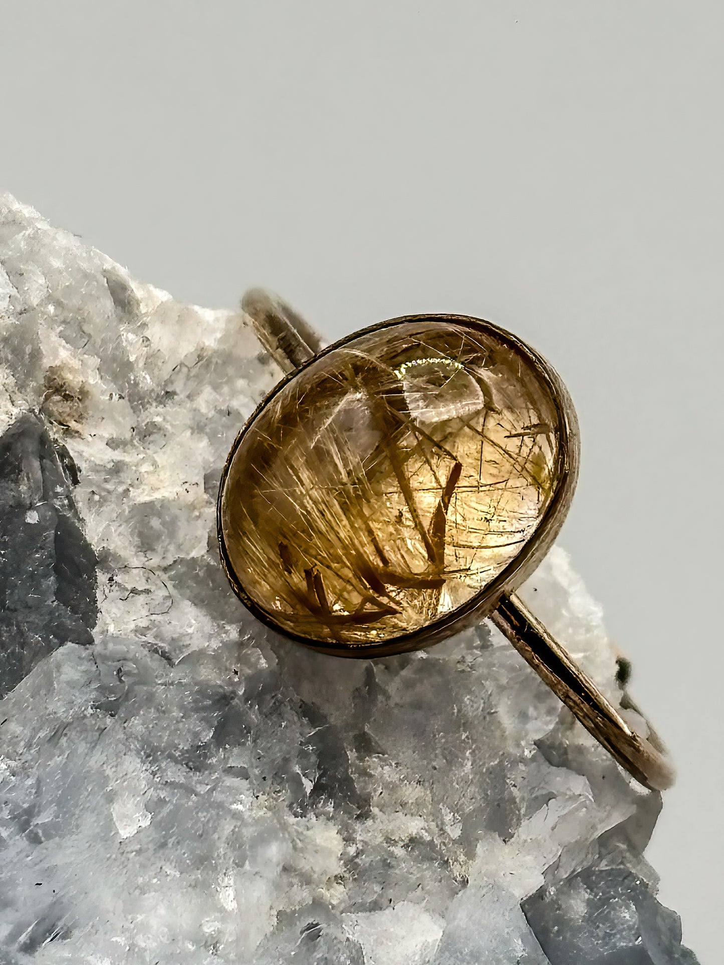 14K gold filled ring set with Rutilated Quartz Cabochon, Size 6