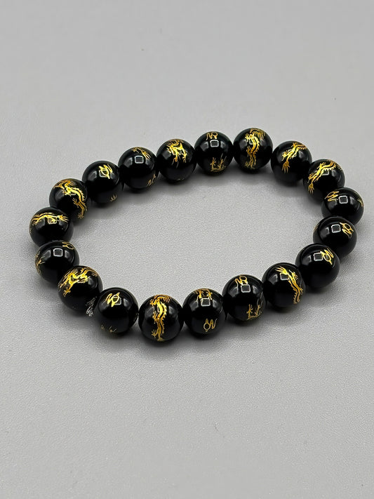 10mm Carved Black Onyx Beaded Bracelet